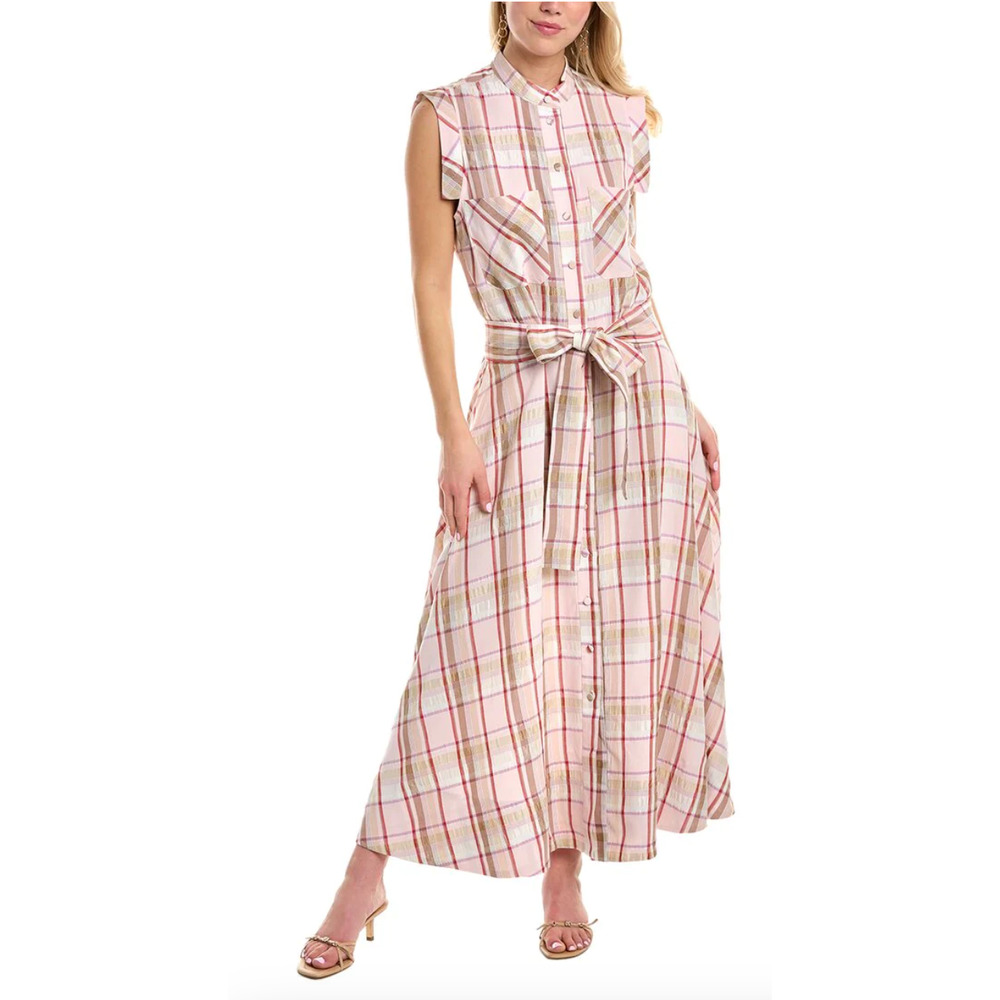 Pearl by Lela Rose Plaid Crepe Belted Midi Dress Pink XS Button Front